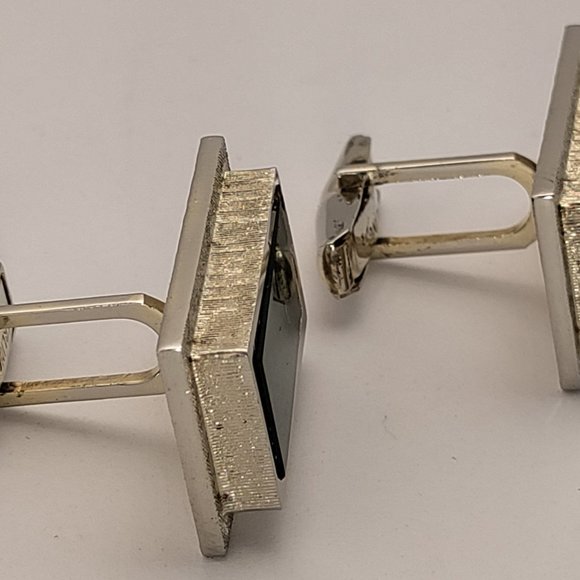 Solid Sterling Silver Green Marble Onyx Inlay Cufflinks - Picture 2 of 7